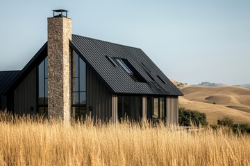 Obraz premium A contemporary house featuring a charming stone chimney sits gracefully amidst golden fields under a bright, clear sky in a serene rural landscape during the daytime