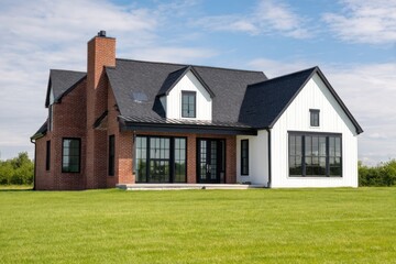 A contemporary farmhouse showcases a sleek and stylish design, nestled amidst vibrant green grass, all set against a backdrop of a partly cloudy sky in a peaceful rural landscape