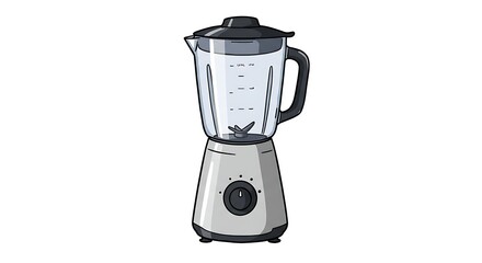 Cartoon drawing of a small blender with a transparent pitcher and simplified base, featuring bright highlights and clean edges, placed alone on a white background, no logos or letters.

