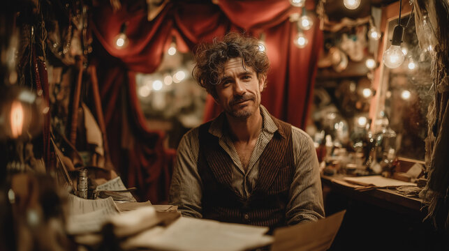 Intrigued man with curly hair wearing vintage vest looks thoughtfully into camera amidst warm lights