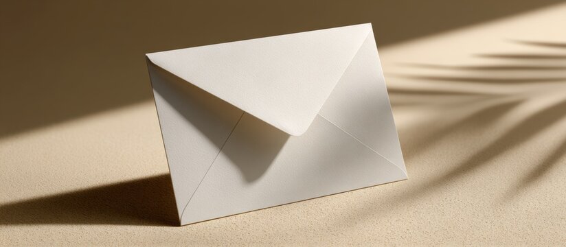 Crisp white envelope casting delicate leaf shadow against neutral beige backdrop, highlighting minimalist stationery design with soft, elegant aesthetic