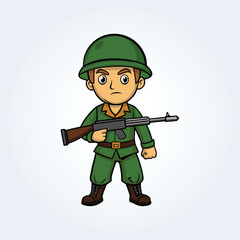 An illustration character of an army man in uniform and a gun