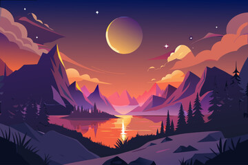vector of The sunset between two mountains, when the sky is full of beautiful stars and the moon, and we see a beautiful sky. It makes the nature and the plain beautiful.