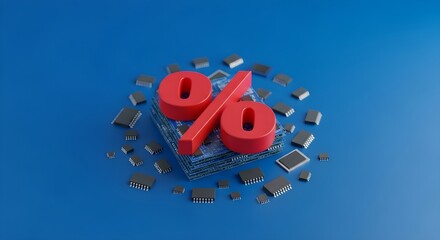 A computer chip with a percent sign surrounded by small electronic components on a blue background