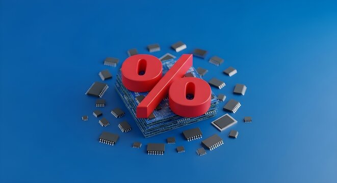 A computer chip with a percent sign surrounded by small electronic components on a blue background