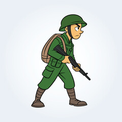 An illustration character of an army man walking with a gun in hand