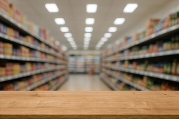 empty wooden board empty table in front of blurred background. Perspective light wood over blur in supermarket. mock up used for display or montage your products. Wood floor and Supermarket blur.