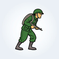 An illustration character of a military man walking and gun in hand