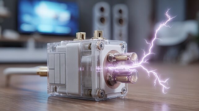 Tripped surge protector with glowing MOV component near home entertainment system