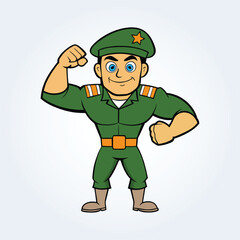 An illustration character of an army man in uniform and showing muscles