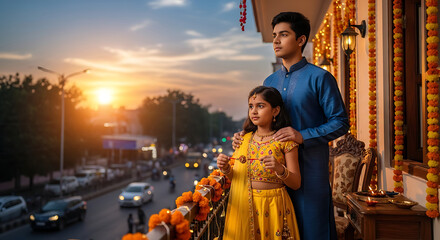 Brother and sister on balcony at sunset, celebrating Diwali festival. Young girl in yellow dress and brother in blue kurta enjoy warm evening light.