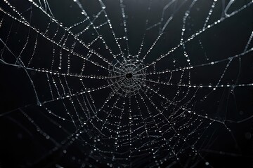A detailed close-up shot of a spider web covered in glistening water droplets on a dark background.