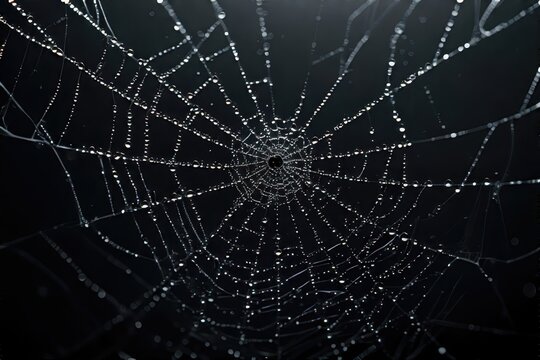 A detailed close-up shot of a spider web covered in glistening water droplets on a dark background. - Powered by Adobe