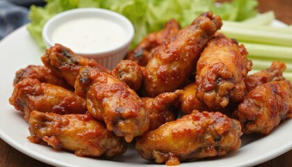 Fototapeta premium Savory spicy chicken wings served with celery sticks, creamy ranch dressing on white plate. Delicious finger food perfect for appetizers, snacks, parties, game day gatherings. Enjoy mouth-watering
