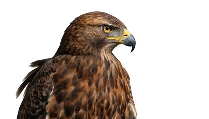 Fototapeta premium Majestic hawk isolated on white background shows powerful predator in profile view. Detailed feathers, sharp talon visible. Wild bird of prey exhibits strong wingspan and eyesight.
