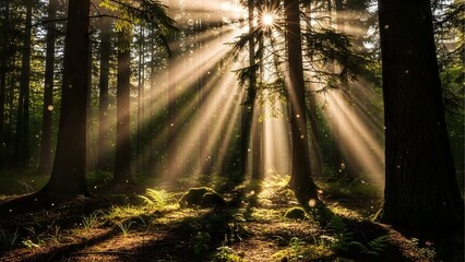 Naklejka premium A breathtaking, magical scene of golden sunbeams streaming through the trees in a lush, green forest, creating an enchanted and peaceful atmosphere.