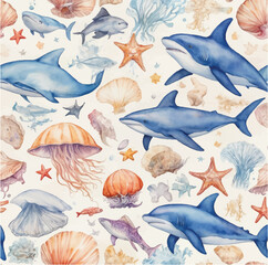 Fototapeta premium Watercolor seamless pattern with underwater world Bright fish, whale, shark dolphin starfish animals. Jellyfish seashells. Sea and ocean fish life background