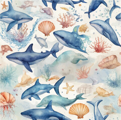 Fototapeta premium Watercolor seamless pattern with underwater world Bright fish, whale, shark dolphin starfish animals. Jellyfish seashells. Sea and ocean fish life background