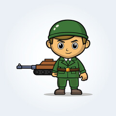 An illustration cartoon character of an military man and hand tank in background