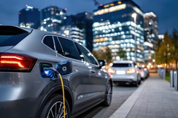 Fototapeta premium Electric vehicle charging on a city street at night, eco-friendly transport.