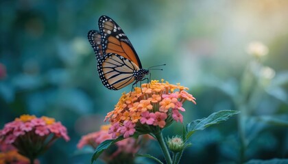 Obraz premium Monarch butterfly with vibrant orange, black wings rests on cluster of small pink, orange flowers. Delicate antennae, patterned wings clearly visible against soft, blurred green garden background.
