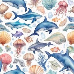 Obraz premium Watercolor seamless pattern with underwater world Bright fish, whale, shark dolphin starfish animals. Jellyfish seashells. Sea and ocean fish life background