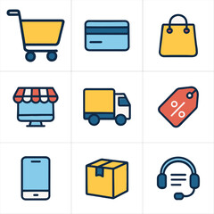 Flat Shopping Icons Vector Set – E-commerce, Delivery, Payment, Store, Support
