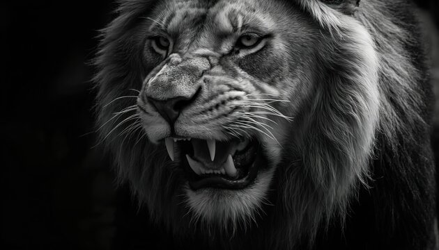 Monochromatic close-up portrait captures lion intense, fierce gaze. Powerful predator exhibits sharp teeth, commanding presence. Majestic mane detail, wild nature, strength, dominance evident in