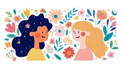 Fototapeta premium Two diverse women smiling and connecting amidst vibrant, blossoming garden of colorful abstract flowers and leaves, symbolizing friendship, growth, and joy.