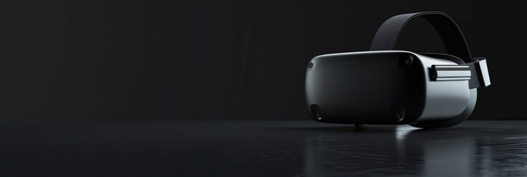 A sleek, black VR headset rests on a dark surface, creating a minimalist and futuristic aesthetic.