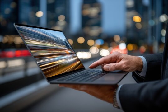Businessman's hand using laptop with abstract light trails on screen, urban scene. - Powered by Adobe