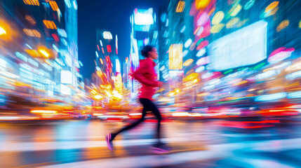 Dynamic night run through vibrant, light-streaked city street, capturing exhilarating motion of urban exercise amidst blurred neon glow.