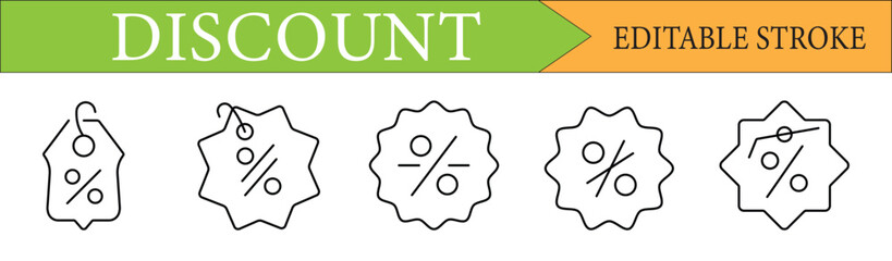 Discount Percentage Tag Line Icon Set with Editable Stroke