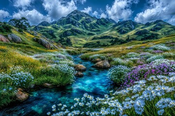 Serene mountain lake reflects a clear summer sky, surrounded by a lush green forest, rocky peaks, and a winding river flowing through a scenic valley