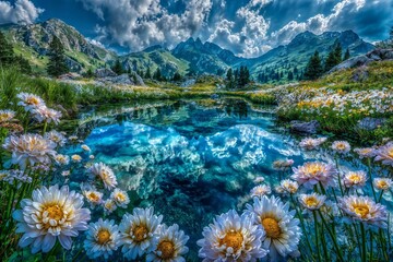 Scenic mountain lake reflects peaks and cloudy sky in a beautiful mountain landscape