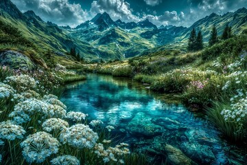 Beautiful mountain landscape of a serene mountain lake reflecting the green forest and clear sky
