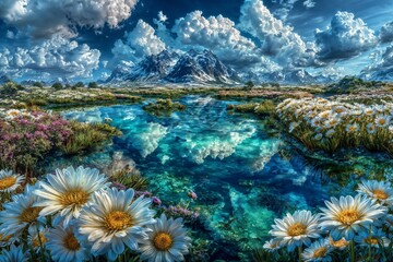 A breathtaking mountain landscape under the clear blue summer sky, showcasing the vibrant water nature and flowers