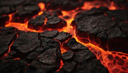 Close-up of fractured black rock with glowing red lava flowing through cracks. Molten magma emits intense heat, light, suggesting danger, destruction. Detailed texture of volcanic surface under