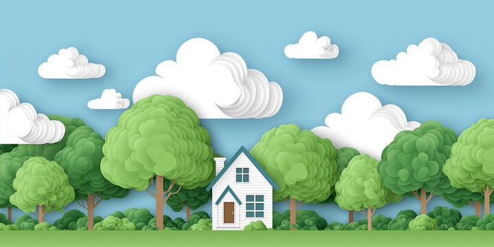 Paper cutout house in forest landscape with clouds and meadow
- Powered by Adobe