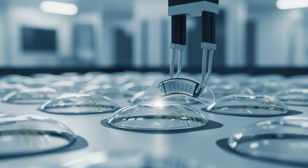 Visualization of energyharvesting microbatteries integrated onto the curved surface of smart contact lenses in a manufacturing bay.