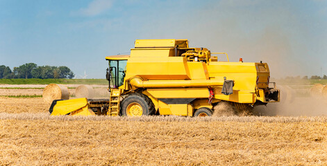 Obraz premium Combine harvester on the almost harvested grain field-0129