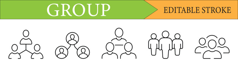 Group of People and Teamwork Line Icon Set with Editable Stroke