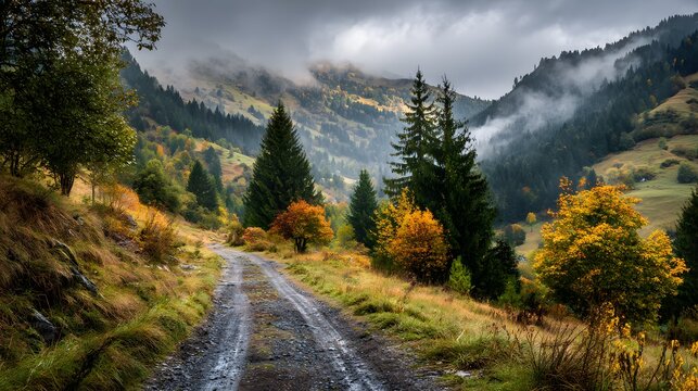 Autumn mountain road trip scenic landscape with fall foliage and misty mountains for travel and nature lovers - Powered by Adobe