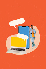 Trend artwork poster composite sketch image collage of smartphone laptop app dialog box cloud feedback communication young man stand