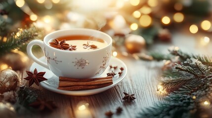 Obraz premium Served on a rustic wooden table is a warm and inviting cup of aromatic cinnamon tea