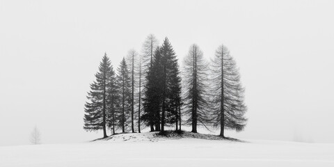 Snowy field with two pine trees in the foreground and a few more in the background. The trees are covered in snow and the sky is cloudy. The scene has a peaceful