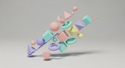 Abstract Geometric 3D Shapes in Pastel Colors Floating on Neutral Background with Soft Shadows