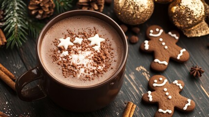 A dark wooden table supports a mug of hot chocolate that contains a gingerbread man and cookies, alongside an empty space for writing
