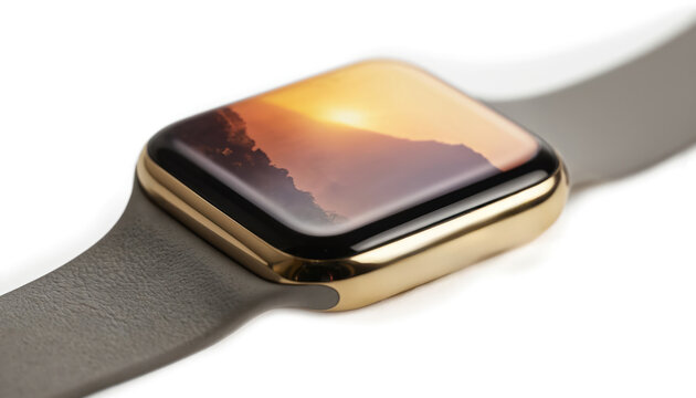Gold with grey band displays mountain landscape sunset. Watch offers elegant simplicity, timeless design, sophisticated, tranquil aesthetic. Premium accessory for modern lifestyle, technology
