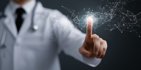 Doctor using digital health interface with abstract digital connections, symbolizing modern healthcare technology and innovation. Ideal for medical tech, healthcare advancements